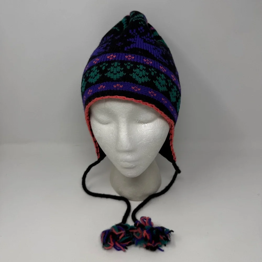 Hood Hats 100% Wool Peruvian Beanie Reindeer Fair Isle Earflap Hat Purple Size S